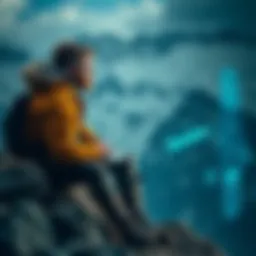 A rugged mountain man sits on a rock, looking thoughtfully at a digital screen displaying blockchain concepts, with mountains in the background, illustrating the blend of nature and technology.