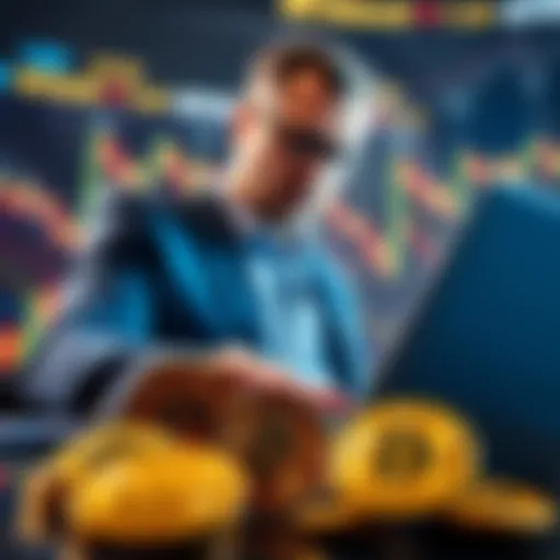 A businessman analyzing Bitcoin charts with Bitcoin coins in the foreground, reflecting a recent large purchase.
