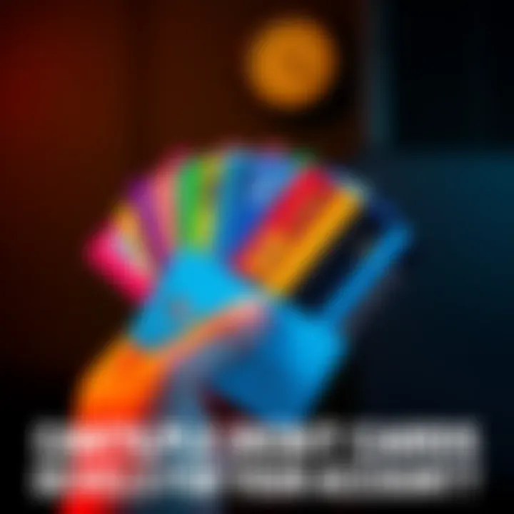 A hand holding several debit cards with colorful designs, representing different family members' budgets.