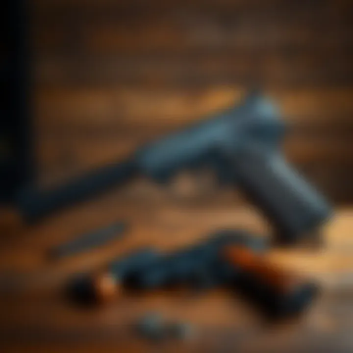 The Nagant M1895 pistol displayed on a wooden table, highlighting its vintage design and size compared to modern firearms.