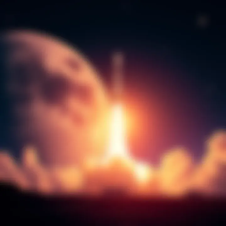 A vibrant graphic showing a rocket launching towards the Moon, symbolizing NASA's invitation for people to join the Moon mission.