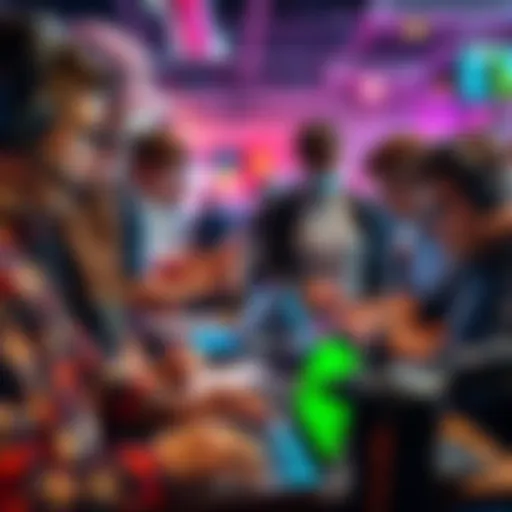 A group of diverse tech enthusiasts collaborating at a national hackathon event, sharing ideas and working on projects