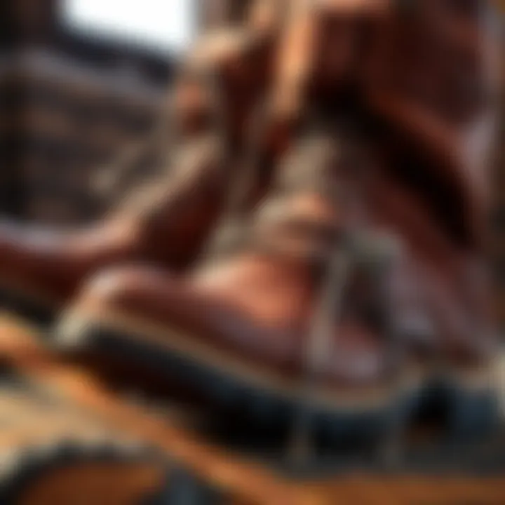 A close-up view of the NBD Old World Harness boots showcasing the beeswax edges and unique sole design