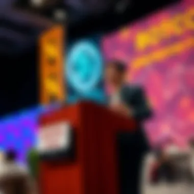 Nenter Chow speaking at a podium during the Global Blockchain Show, discussing the future of cryptocurrency exchanges.