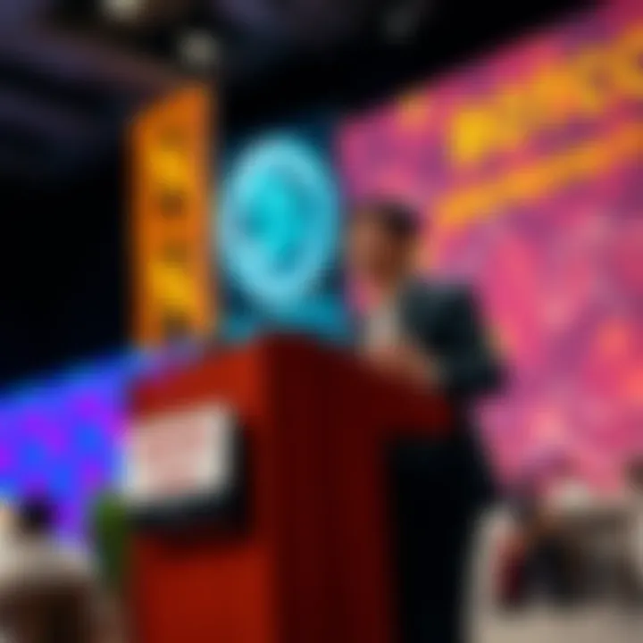 Nenter Chow speaking at a podium during the Global Blockchain Show, discussing the future of cryptocurrency exchanges.