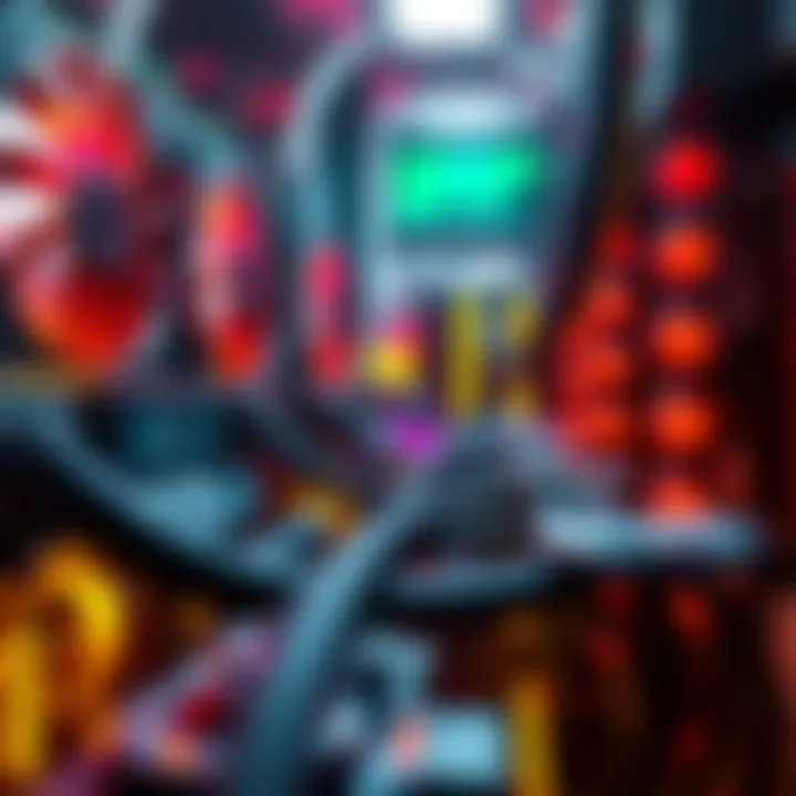 A close-up view of a Nerd Axe microminer setup with cooling fans and LED lights, showing mining equipment in action.