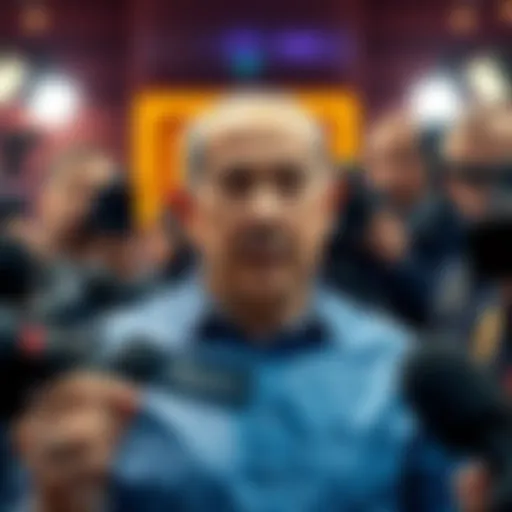 Israeli Prime Minister Benjamin Netanyahu speaking at a press conference with a serious expression, surrounded by cameras and journalists, highlighting the tension around the October 7 events.