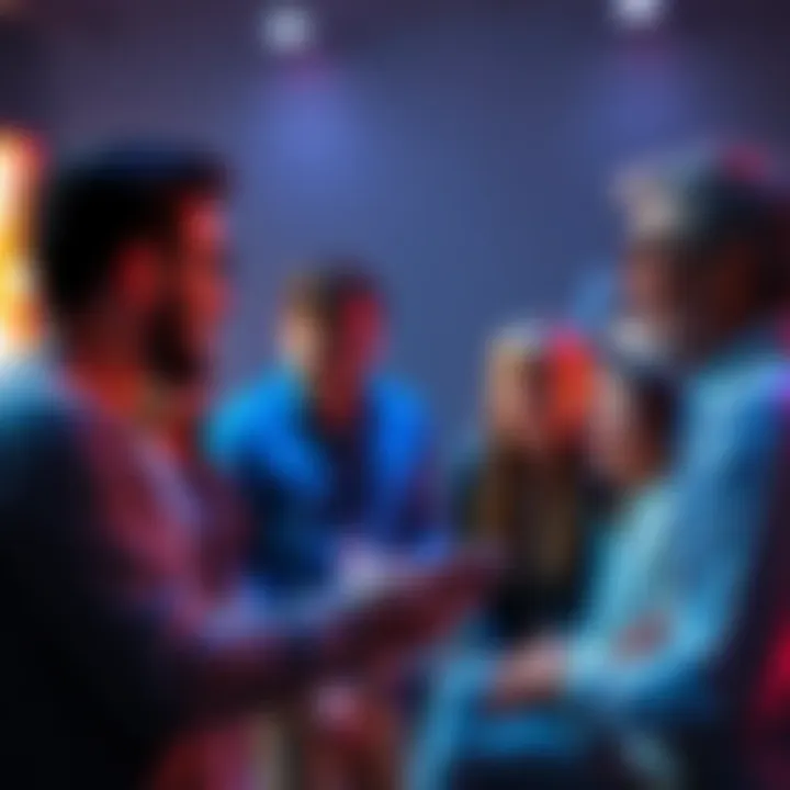 A group of people sharing ideas about new features for Apple TV with excitement and anticipation.