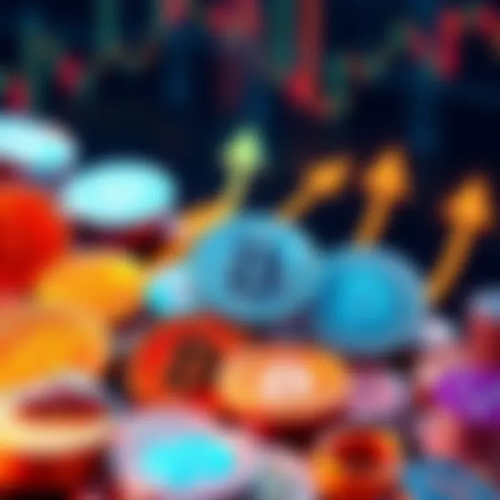 A visual representation of popular cryptocurrency coins with upward arrows showing potential growth for new investors.