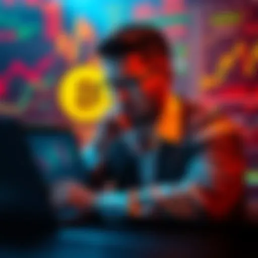 A novice investor contemplating Bitcoin investment, surrounded by cryptocurrency charts and graphs, with a laptop open showing BTC prices