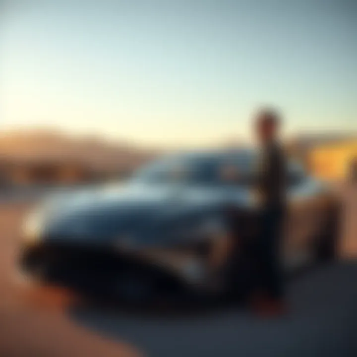 A happy Ethereum holder stands next to their new luxury car, celebrating their investment success after five years of holding ETH.