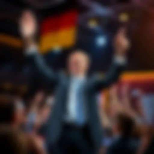 Bruehl stands smiling on a stage with supporters, holding a victory sign after winning the presidential election in Germany.