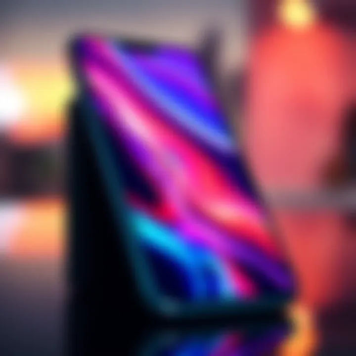 A close-up of a sleek smartphone with a large screen, showcasing vibrant graphics, set against a blurred background to highlight its design and features.