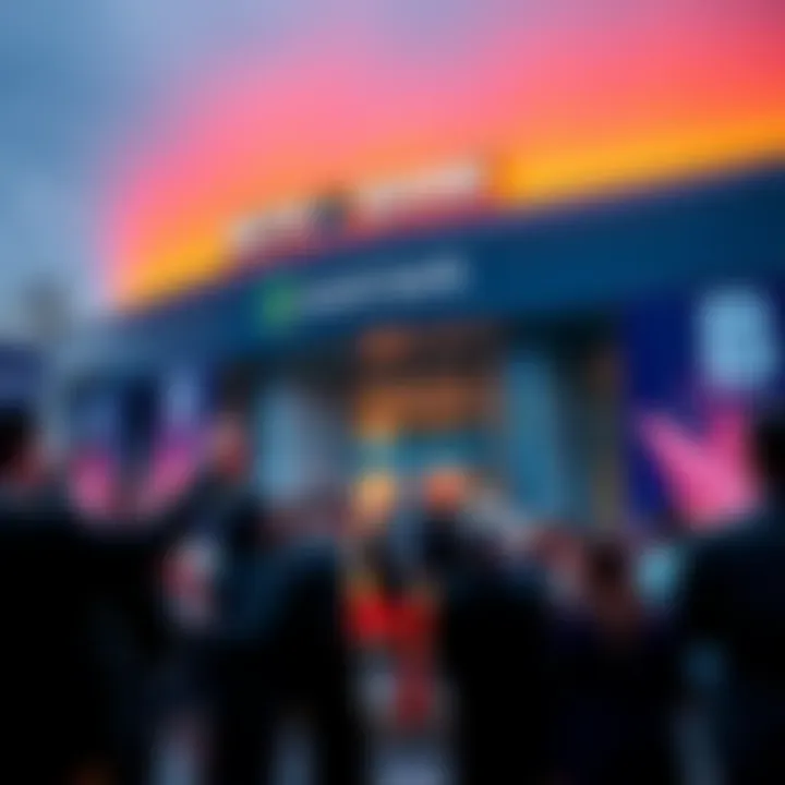 New bank opening event with people celebrating and modern bank signage