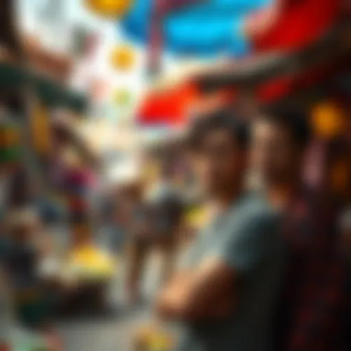 Two new characters from the latest episode set in Mexico, looking confused in a vibrant local market, surrounded by colorful street vendors.