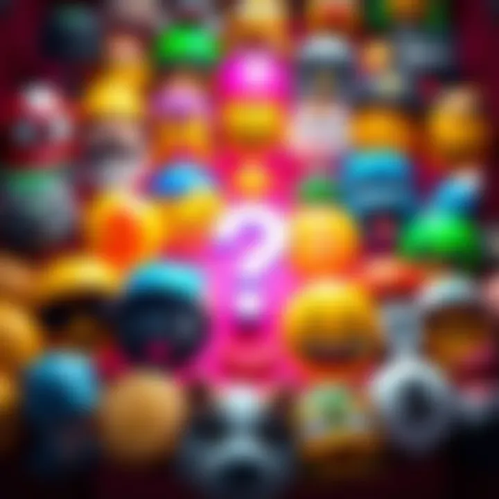 A colorful display of various crypto-themed emojis with a question mark representing the search for the 8th emoji choice.