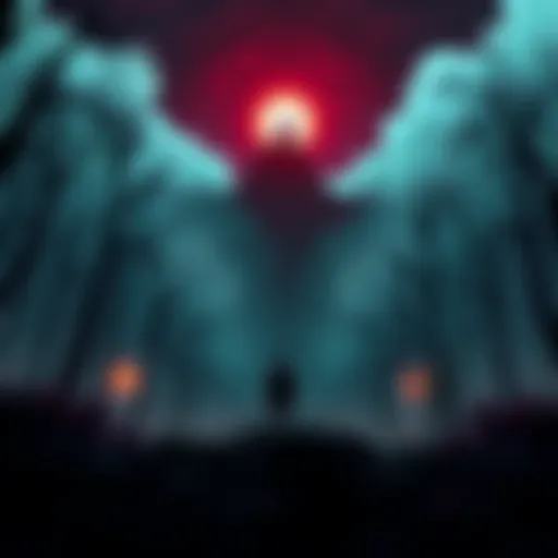 A chilling scene from a new horror anime showing a dark forest with eerie shadows and a towering figure in the background