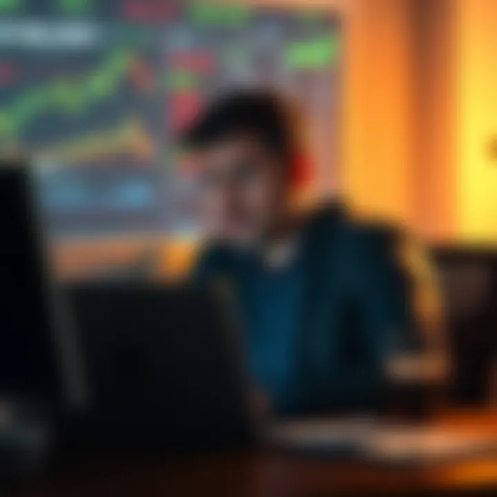 A worried person sitting at a desk with a laptop, looking at financial charts, contemplating their first investment decision.