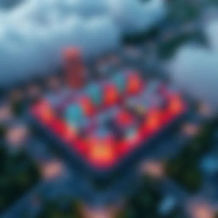 Aerial view of a new LPU base resembling colorful blocks with disrupted road areas nearby.