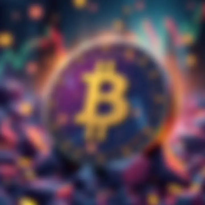 An illustration of a digital coin with a playful design representing a memecoin, with a background depicting crypto market trends and excitement.