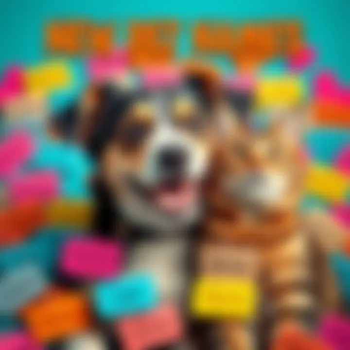 A happy dog and cat surrounded by colorful name tags representing different pet names