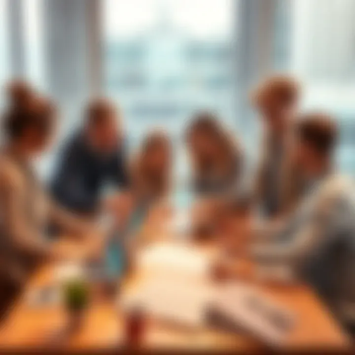 A team of people brainstorming and working on innovative technology plans around a table with laptops and sketches.