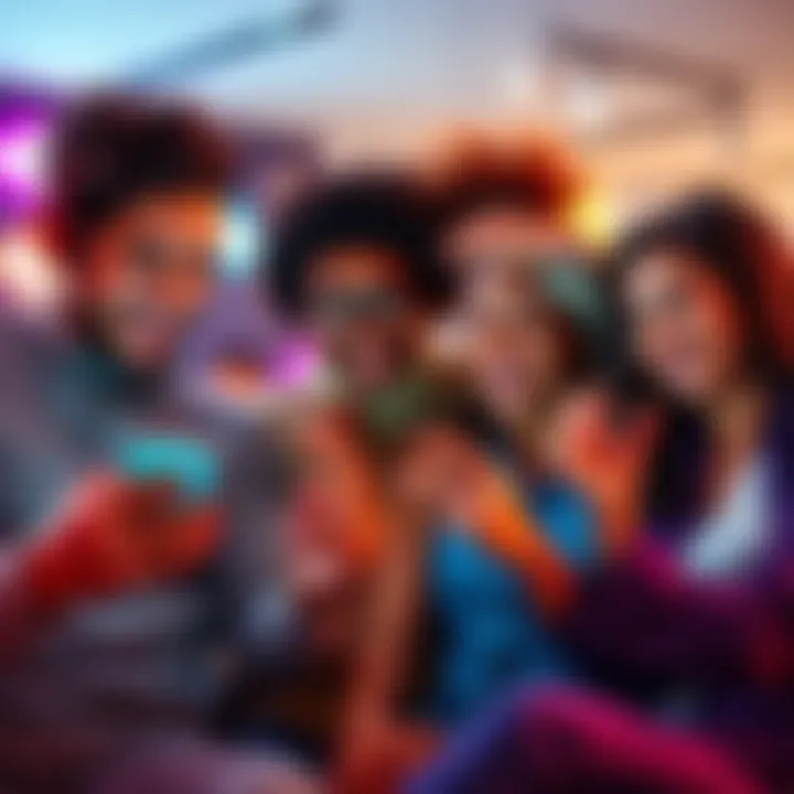 A group of smiling people watching funny videos on a mobile device, sharing laughs and reactions, showcasing the fun side of the Vine platform