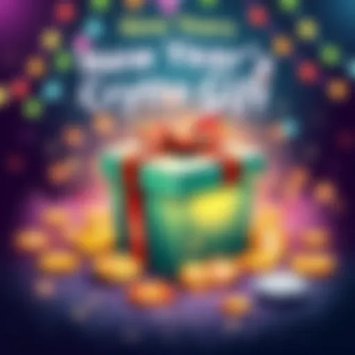 A festive illustration showing a gift box with cryptocurrency symbols around it, representing a New Year’s crypto promotion.