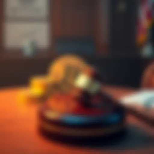 A gavel resting on a courtroom desk with a digital Bitcoin symbol in the background, representing a court ruling about dormant Bitcoin wallets.