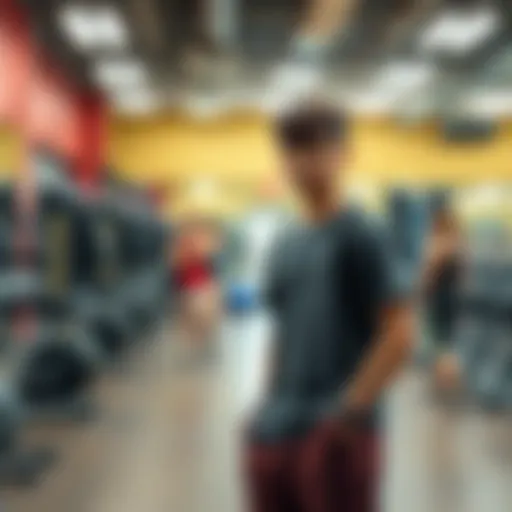 A young university student stands in the gym wearing worn-out workout clothes, looking uncertain and out of place among others in trendy gear.
