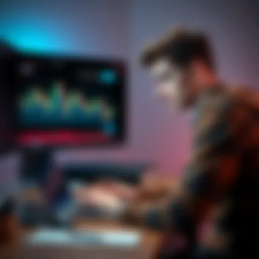 A young man sits at a desk with a worried expression, staring at his laptop screen displaying a falling cryptocurrency chart, symbolizing regret over a bad investment.