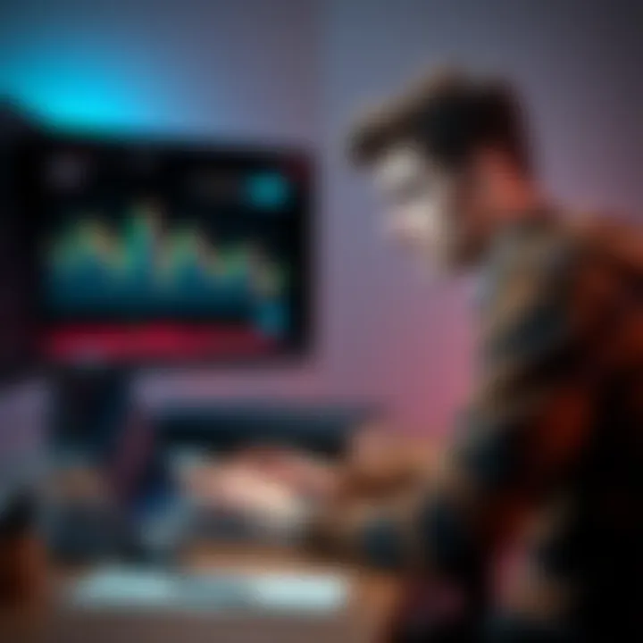 A young man sits at a desk with a worried expression, staring at his laptop screen displaying a falling cryptocurrency chart, symbolizing regret over a bad investment.