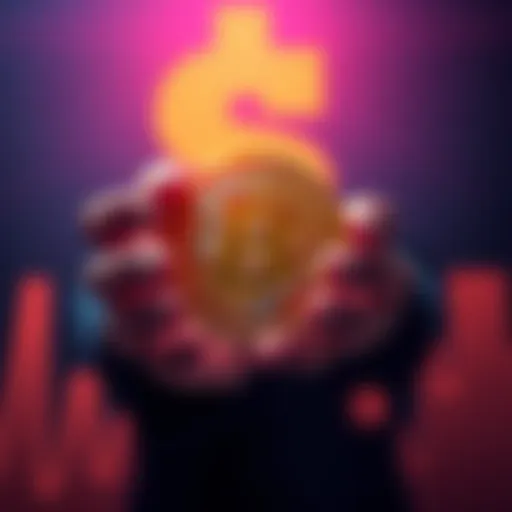 A person holding a Bitcoin symbol with a dollar sign in the background, representing dollar cost averaging strategy for new investors.