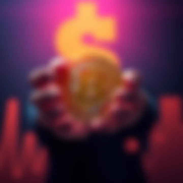 A person holding a Bitcoin symbol with a dollar sign in the background, representing dollar cost averaging strategy for new investors.