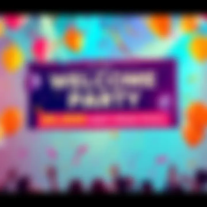 A colorful banner announcing the NEX Welcome Party with confetti and balloons, highlighting a 20,000 USDT prize pool.