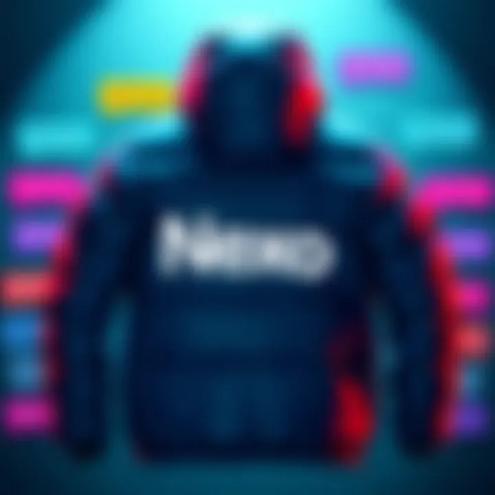 A stylish puffer jacket with the Nexo logo displayed prominently, surrounded by colorful comments saying 'Hello, Nexo' in various languages, symbolizing the giveaway contest.