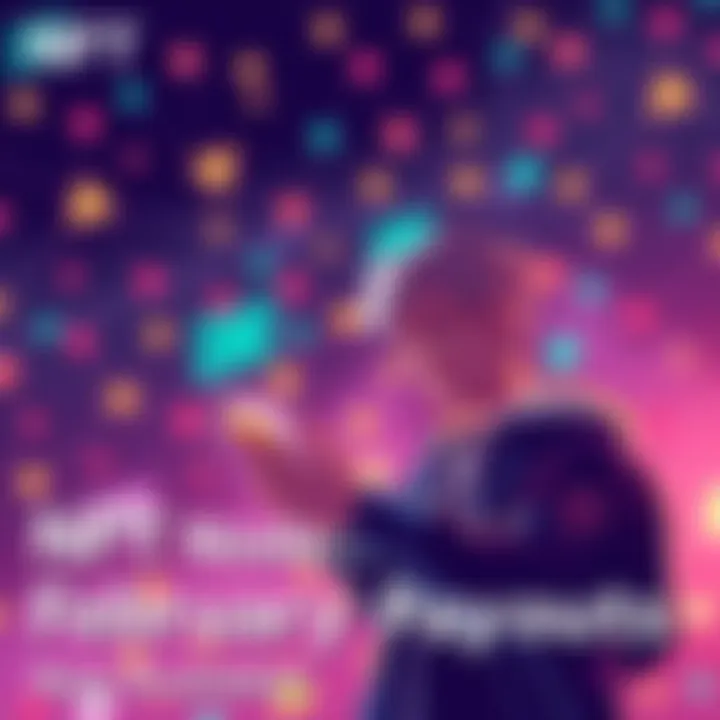 NFT Node Runners February Payouts Illustration of a person checking their digital wallet for NFT rewards, with a vibrant background representing a blockchain network