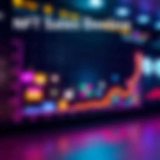 A graph showing the decline in NFT sales over time, with various project icons and a downward arrow, illustrating the struggles in the NFT market.