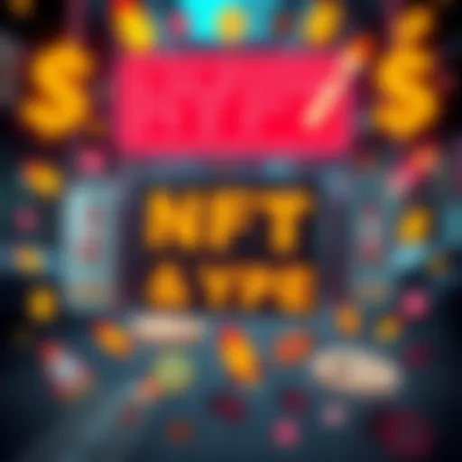 A graphic showing popular NFTs with price tags, surrounded by exaggerated hype symbols like dollar signs and rocket icons, illustrating flawed investment decisions