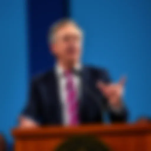 Nigel Farage stands at a podium announcing his resignation amid a cryptocurrency scandal