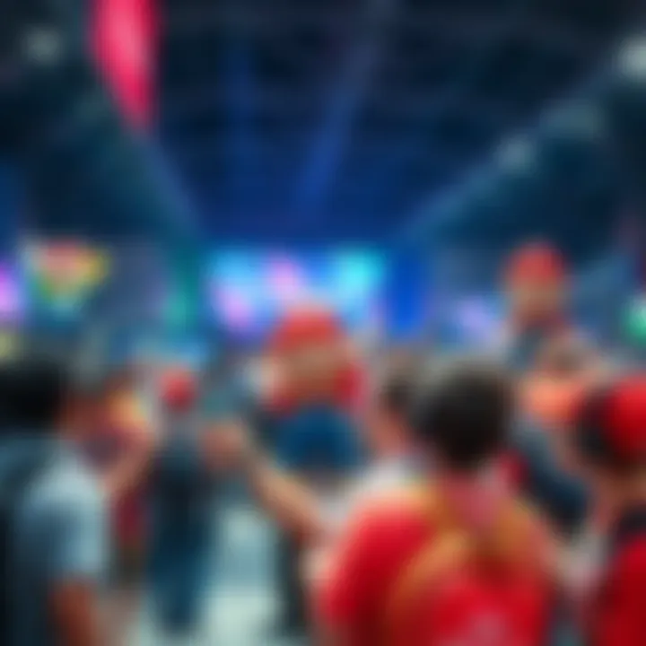 A vibrant gaming scene showing fans engaged with Nintendojack characters and merchandise at a lively event.