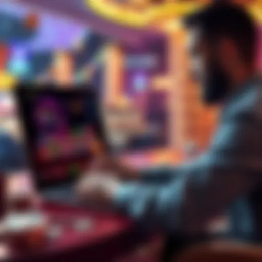 A person playing on a laptop with casino games, surrounded by crypto coins and a fun atmosphere, representing no-KYC gaming options.