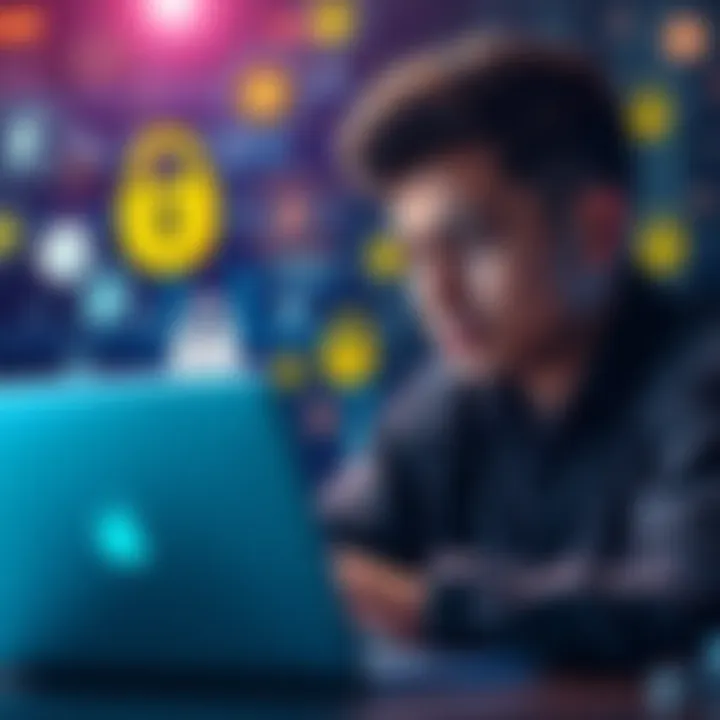 A person looks frustrated while using a laptop, surrounded by icons of cryptocurrency and privacy locks, symbolizing concerns about KYC processes on exchanges.