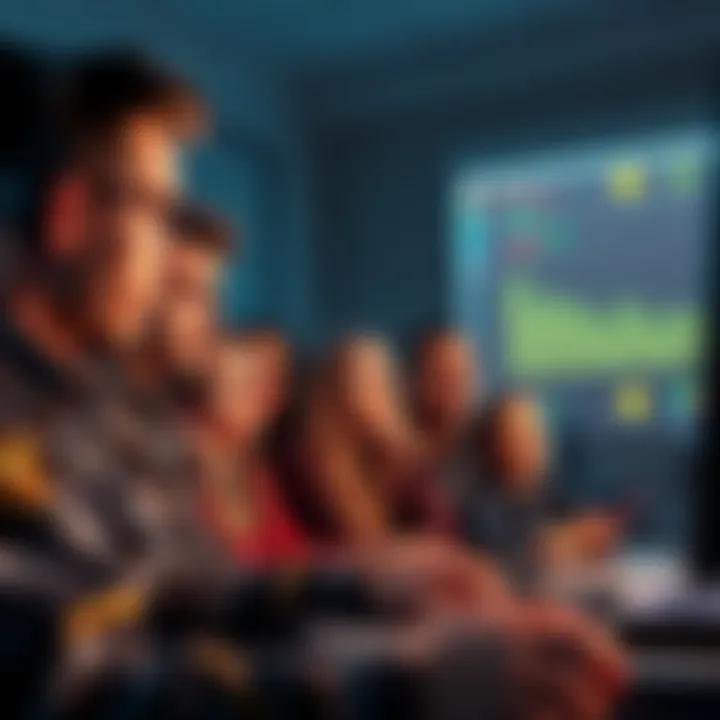 A group of frustrated node operators gathered around a computer, examining their screens for reward updates, concerned expressions on their faces