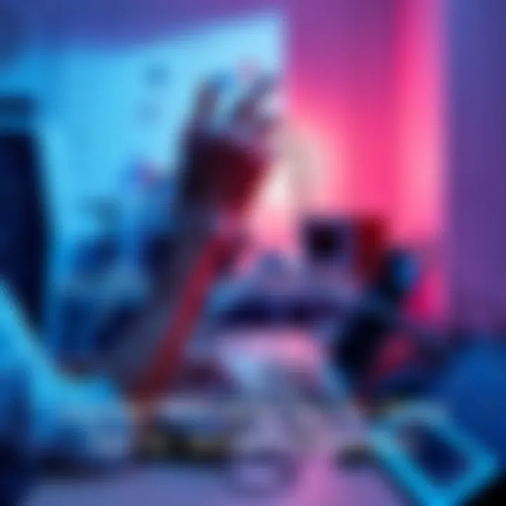 A person setting up a network node with a laptop and cables on a desk, surrounded by network diagrams and community resources.