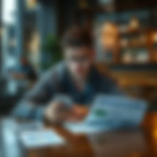 A person in a coffee shop looking frustrated while trying to verify their Revolut account on a phone, showing residency documents on the table.