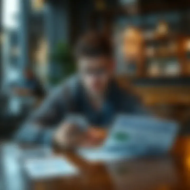 A person in a coffee shop looking frustrated while trying to verify their Revolut account on a phone, showing residency documents on the table.