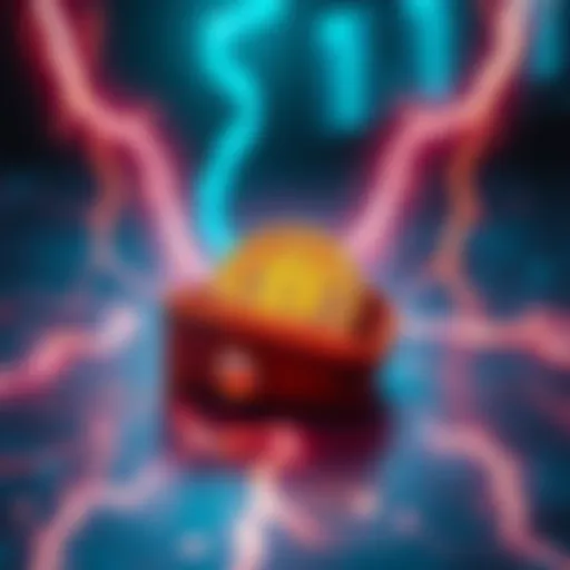 A visual representation of a peer-to-peer Bitcoin exchange on the Lightning Network, featuring a digital wallet and lightning bolts symbolizing fast transactions.