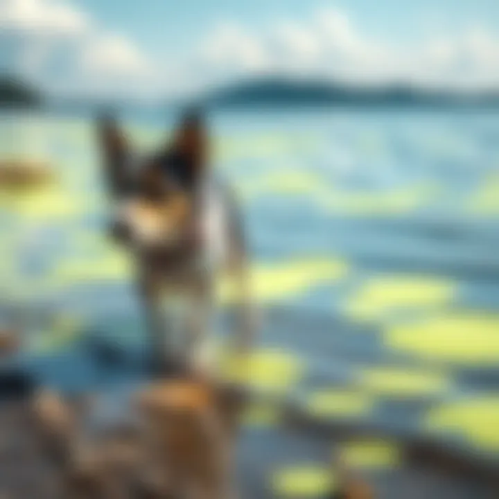 A cautious dog named Nori walking along the shore of a lake, avoiding bright green blue-green algae patches in the water.