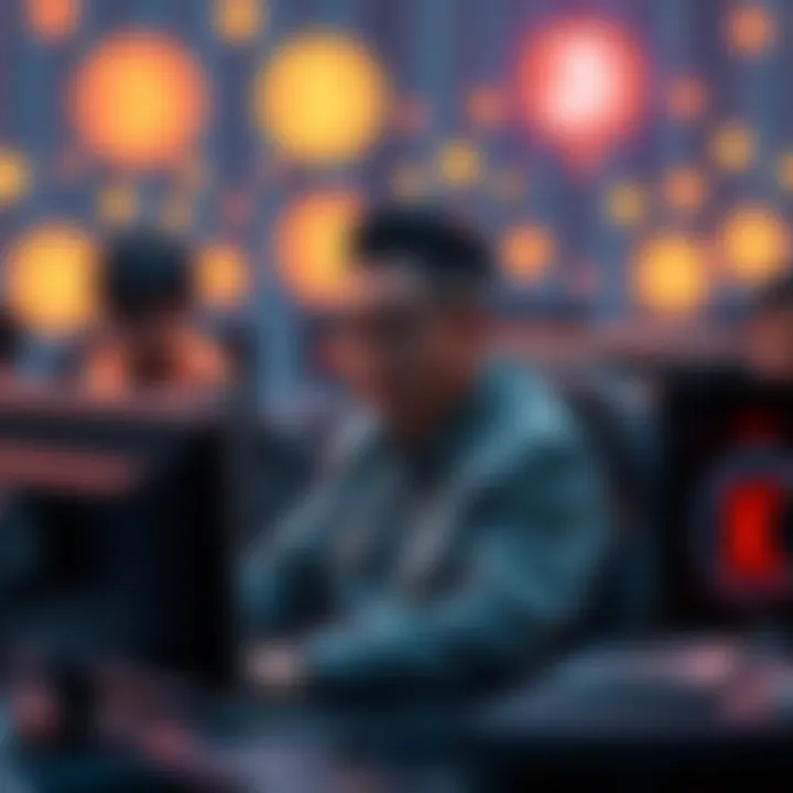 A group of individuals working at computers with cryptocurrency symbols in the background, highlighting cyber activity related to North Korean infiltration.